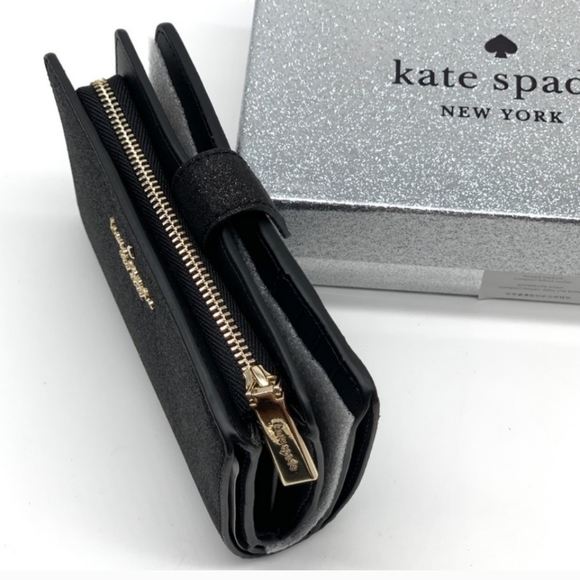 Kate Spade ♠️ Black Glimmer Glitter Medium Wallet - Picture 7 of 9